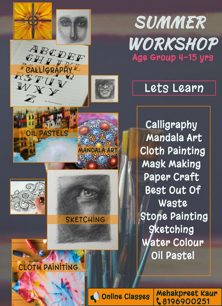 the flyer for an art class with pictures and words on it's front cover