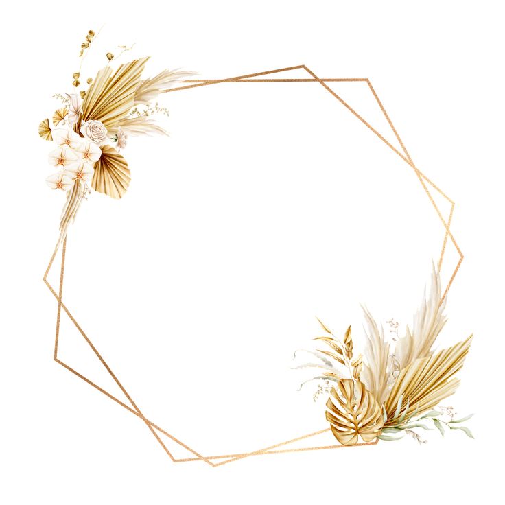 the golden frame is decorated with white flowers and gold geometric lines on a white background