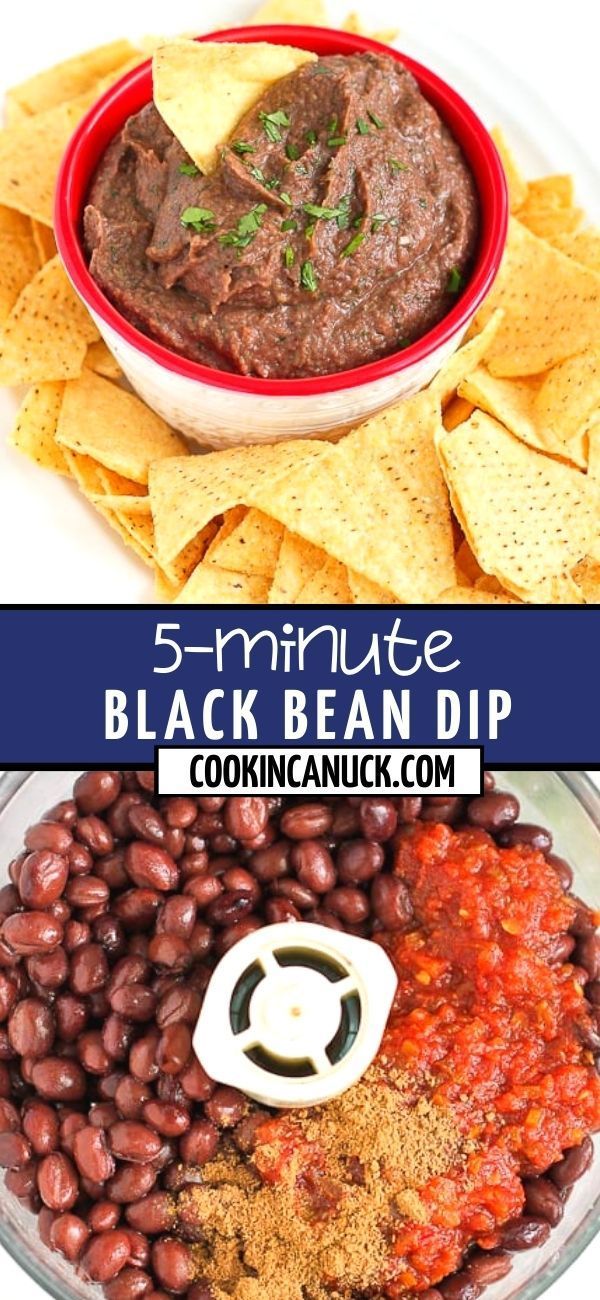 black bean dip with tortilla chips and salsa in a bowl on the side