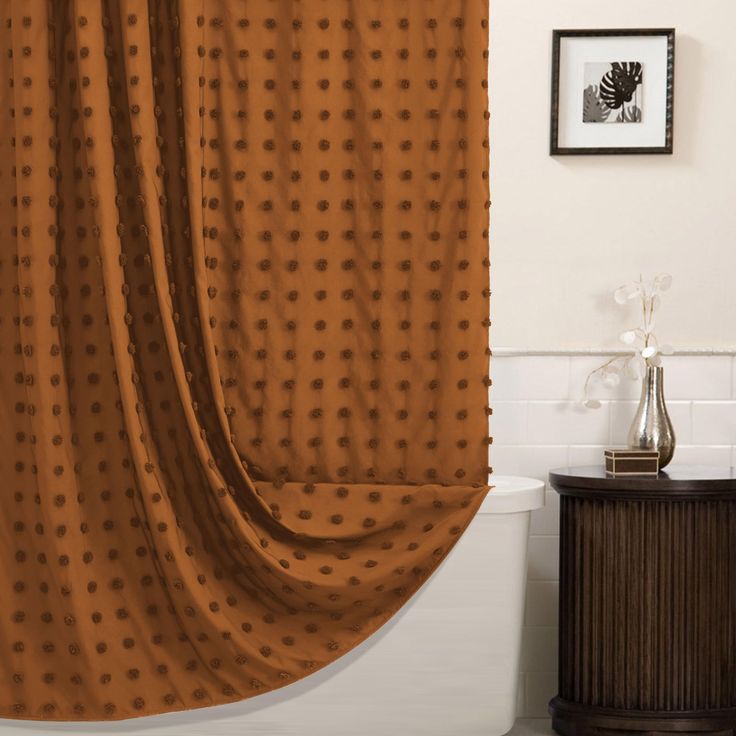 a bath room with a toilet and a shower curtain on the side of the tub