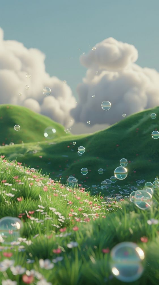 an animation scene with bubbles floating in the air and green grass, flowers and clouds