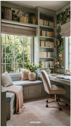 a home office with lots of bookshelves and plants in the window sill