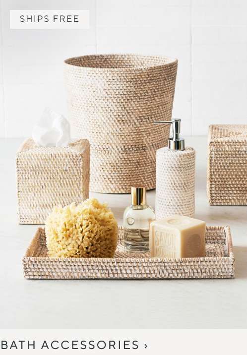 bathroom accessories displayed on white table with text overlay that reads, bath accessories ships free