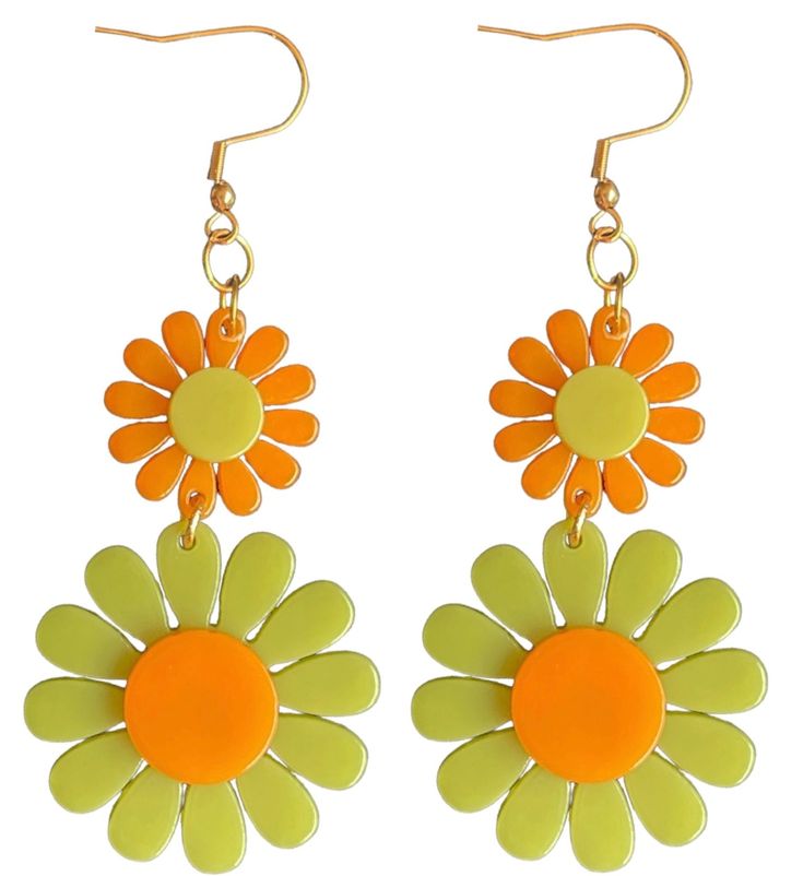 70s Green and Orange Flower Power Groovy Earrings - Relic828 Trendy Green Flower-shaped Earrings, Spring Orange Drop Earrings, Green Flower Earrings For Spring, Summer Orange Flower-shaped Jewelry, Retro Green Drop Earrings, Multicolor Retro Jewelry For Spring, Retro Flower-shaped Jewelry For Summer, Vintage Multicolor Earrings For Spring, Multicolor Vintage Earrings For Spring