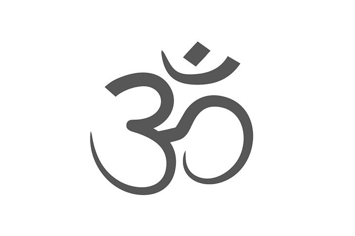 the om shan symbol in black and white, with an orange dot at the center