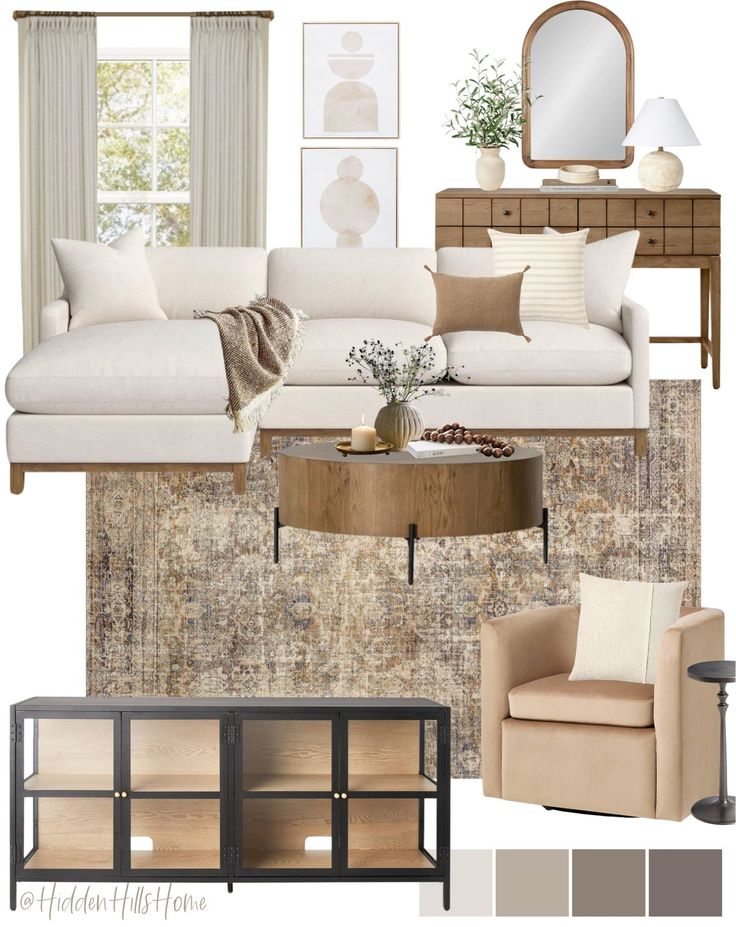 a living room with furniture and decor in neutral colors, including white couches, beige chairs