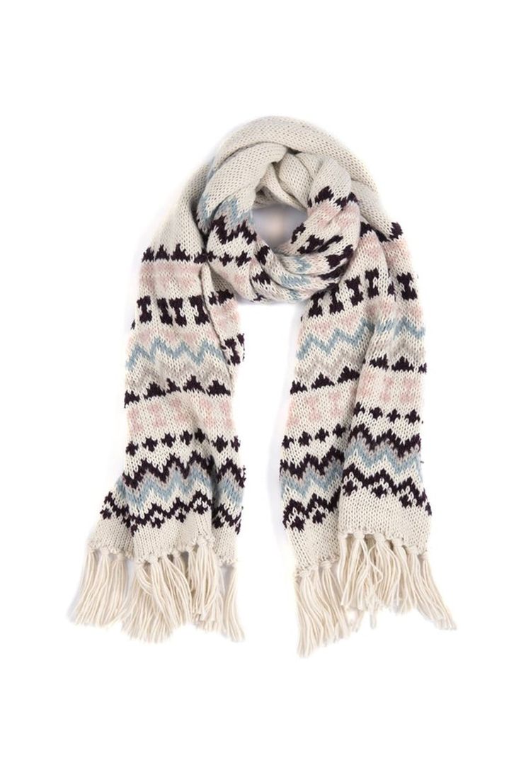 - Scarf - Oblong Shape - Fringe Hem - Ivory - Acrylic - Measurements: L 88" x W 16" Fair Isle Scarf, Chunky Knit Scarves, Boho Fringe, Plus Size Brands, Fringe Scarf, Stylish Plus, Boho Print, Soft Yarn, City Chic