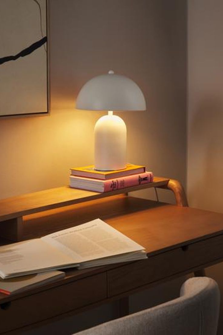 a desk with a lamp and books on it