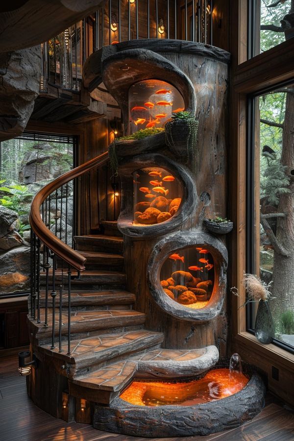 a spiral staircase with fish tanks in the middle and lit up by lights on either side