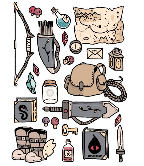 an assortment of items are shown on a white background, including a backpack and other things