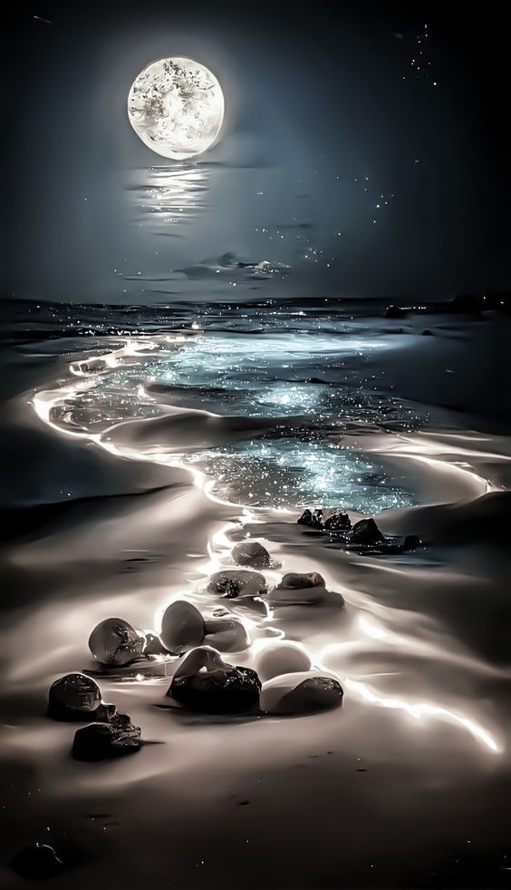 the moon shines brightly in the night sky over an ocean beach with rocks and pebbles