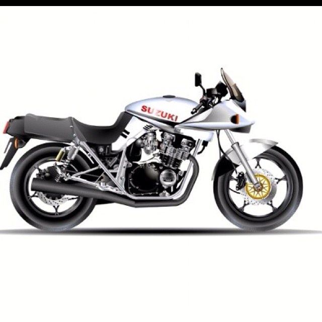 a white and black motorcycle is shown on a white background with the words suzuki written below it