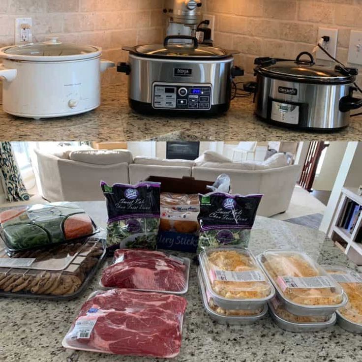 there are many different foods on the counter in front of the crockpots