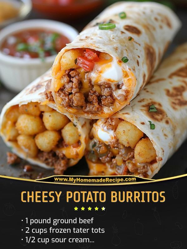 two burritos are stacked on top of each other with meat and cheese in the middle