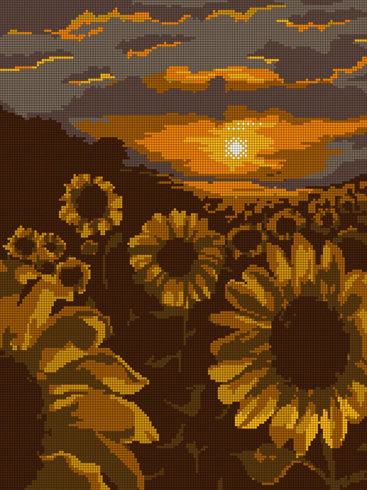 a cross stitch sunflower field with the setting sun in the distance and clouds above it