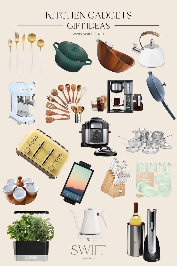 the kitchen gadgets gift ideas are on display in this graphic art printable poster