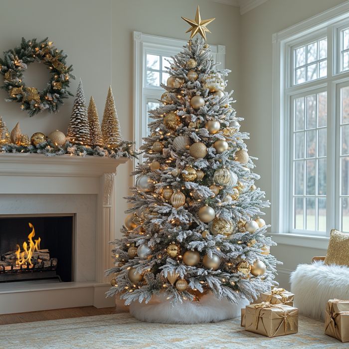 a decorated christmas tree with gold and silver ornaments in front of a fire place surrounded by presents