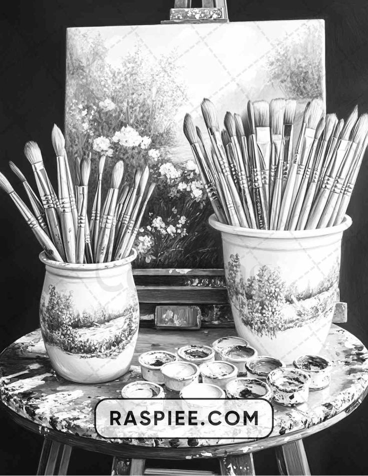 black and white photograph of artist's brushes in vases on stool with easel