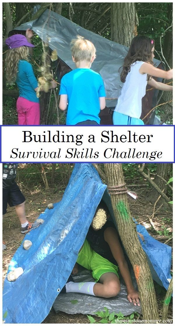 children playing in a shelter with text overlay reading building a shelter survival skills challenge