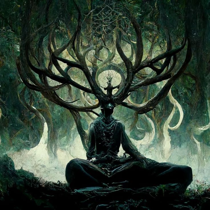 a man sitting in the middle of a forest with horns on his head