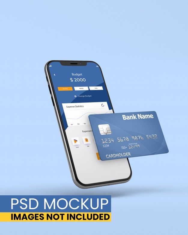 a mobile phone with a credit card attached to the screen and text, psd mockup images not included