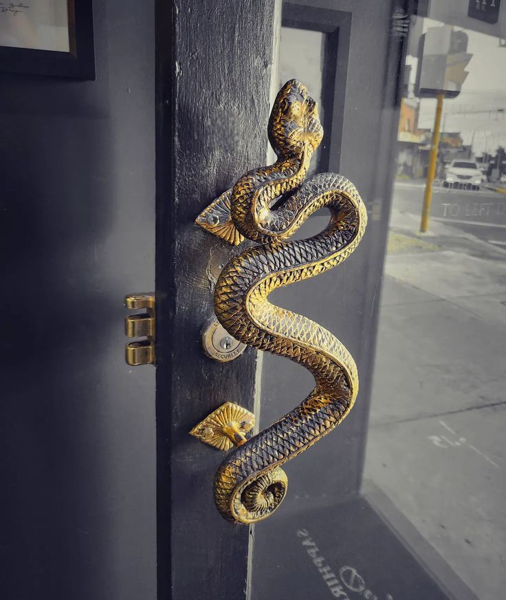 a door handle with a snake on it