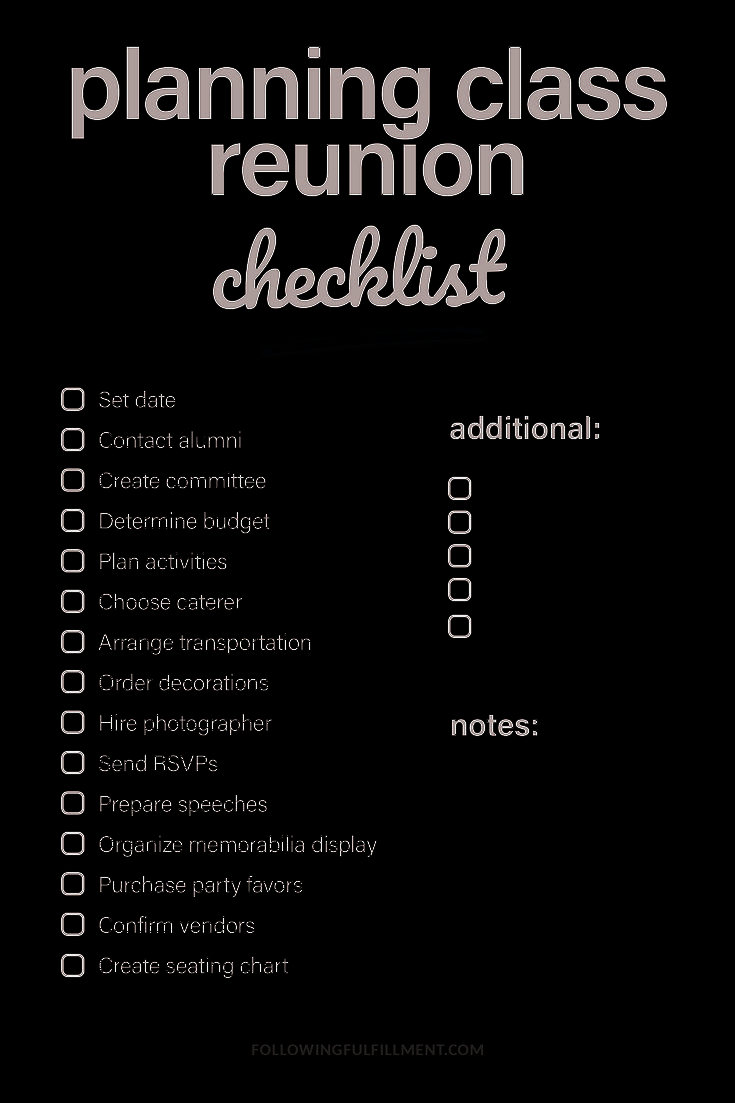 a black and white checklist with the text planning class reunion checklist written below