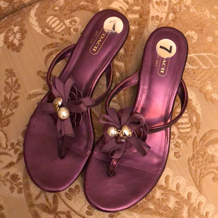 Purple With Flower, Bow, Pearl, And Heart #Easter Coach Slip-on Summer Heels, Coach Sandals For Summer Evenings, Coach Sandals For Spring Formal Occasions, Elegant Coach Sandals For Spring, Coach Flat Sandals For Spring, Elegant Coach Open Toe Sandals, Elegant Coach Synthetic Sandals, Coach Open Toe Party Sandals, Coach Open Toe Sandals For Party