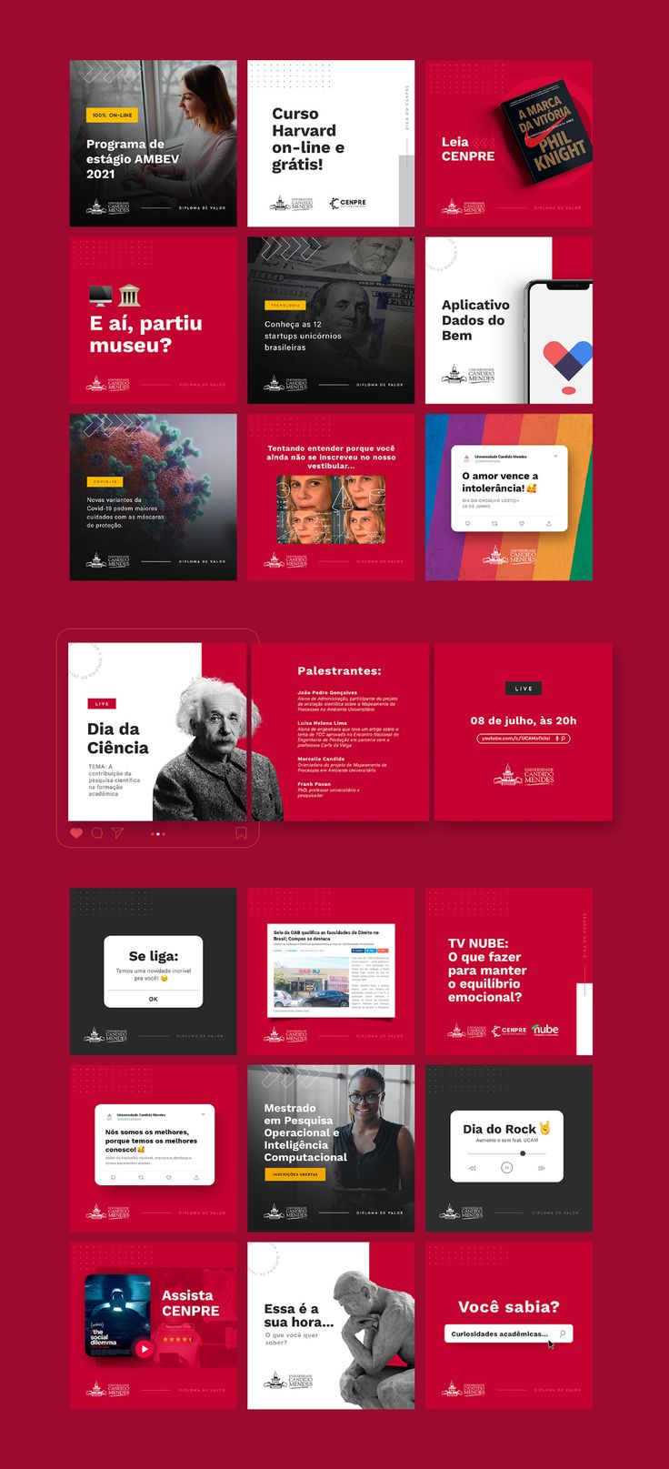 a red and black web page with many different images