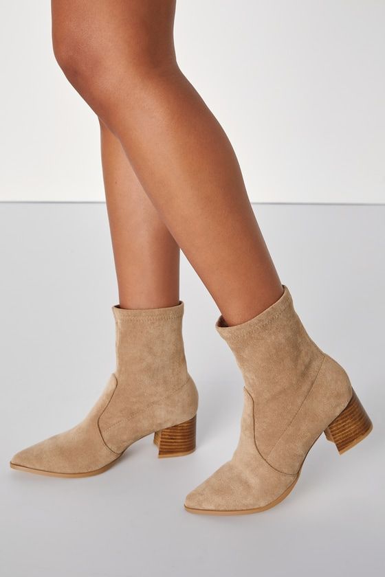 Even when the temperatures start to drop, you'll stay stylish through the changing of seasons with the Lulus Char Mushroom Brown Suede Pointed-Toe Sock Boots! Soft faux suede shapes these chic boots that feature a single sole silhouette and pointed-toe upper that rises to an ankle-high shaft. The sleek slip-on design wouldn't be complete without a cute, wood-look block heel! 2. 25" stacked wood-look block heel. Lightly cushioned insole. Felted rubber sole has nonskid markings. Man made materials Pixie Boots, Mushroom Brown, Chic Boots, Taupe Boots, Simple Fall Outfits, Boot Pulls, Faux Suede Boots, Brown Suede Boots, Sparkly Heels