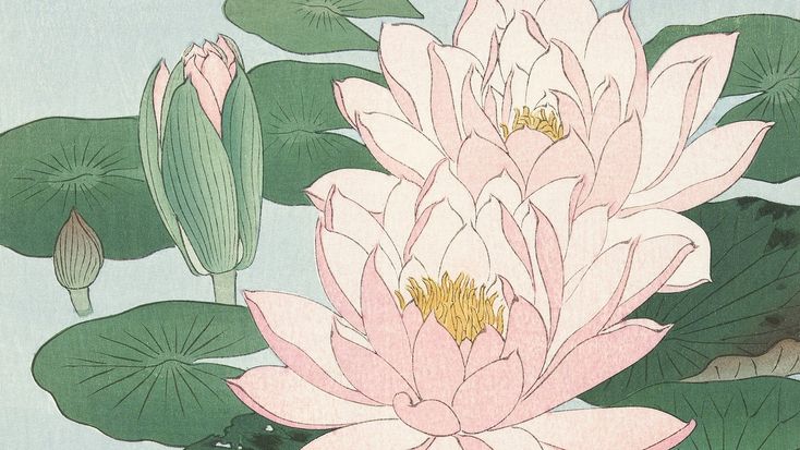 a painting of pink flowers and green leaves on a blue background with water lillies