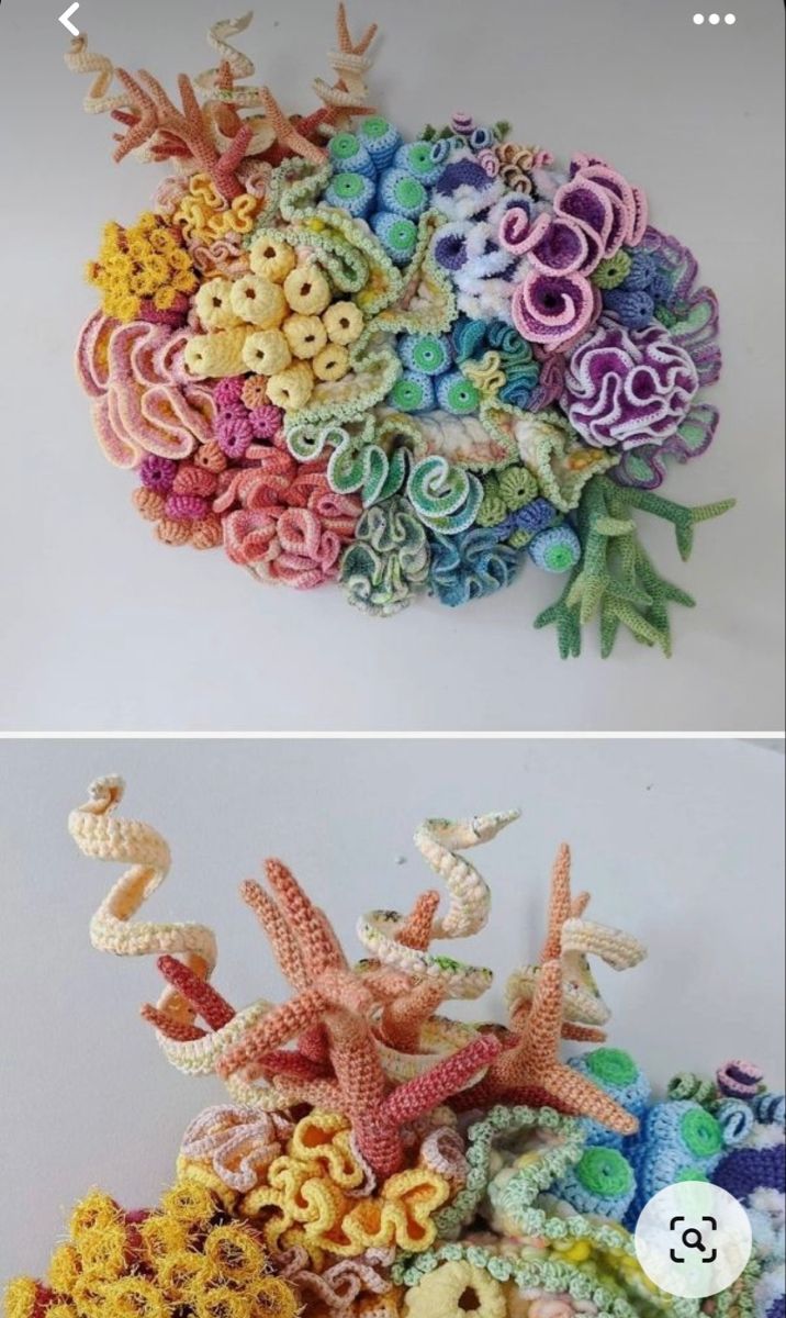 there are two pictures with different colors of sea shells on the bottom and one is made out of crochet