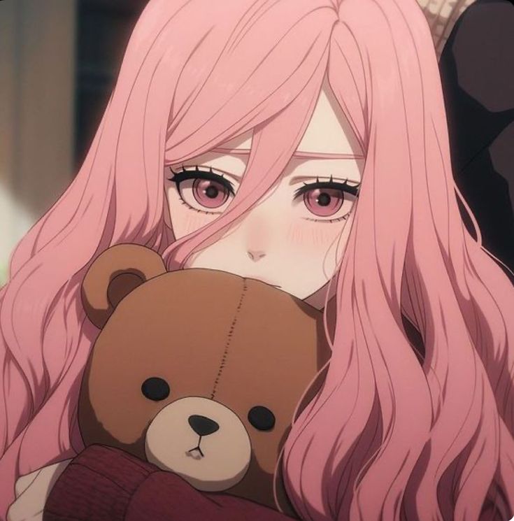 a girl with long pink hair holding a teddy bear in her arms and looking at the camera