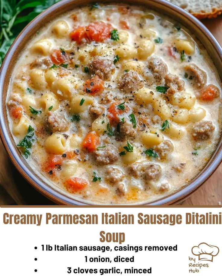 Creamy Parmesan Italian Sausage Ditalini Soup Ditalini Soup, Sausage Parmesan, Sausage Soup Recipes, Ditalini Pasta, Italian Sausage Soup, Italian Sausage Recipes, Soup Ingredients, Italian Soup, Creamy Parmesan