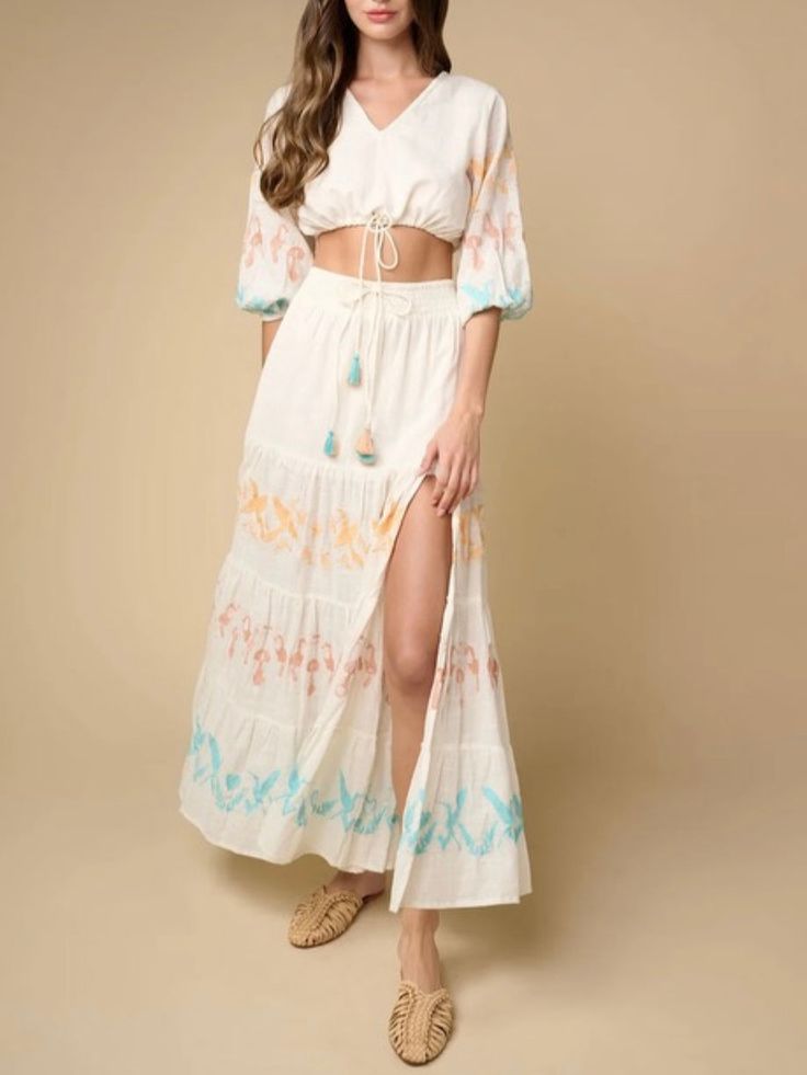 Where timeless elegance meets a carefree spirit! This one-of-a-kind garment effortlessly blends boho charm with contemporary style, making it a must-have addition to your wardrobe.Crafted with utmost love and attention to detail, our Maxi Skirt is an artistic masterpiece. The flowing silhouette, adorned with delicate embroidery and intricate lace accents, exudes a sense of femininity and grace. Casual style. European design. Elastic waistband. Eyelet fabric. High rise Flare wide. Mid calf length. Open leg. Drawstring. Color may be lighter or darker depending of the device it is displayed. Beige Maxi Skirt, Cotton Maxi Skirt, Cotton Maxi Skirts, Bohemian Vibes, Free Spirit Style, Delicate Embroidery, Romper And Jacket, Cotton Maxi, Free Spirited