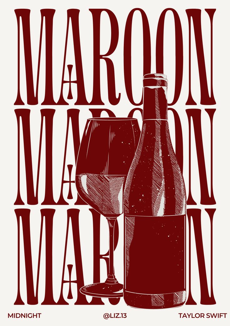 a wine bottle and glass with the words maroon marron in red on white background