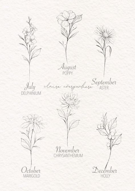 six different types of flowers are shown in black and white, with the names of each flower