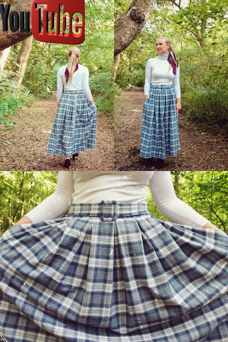 a woman wearing a plaid skirt and white shirt is standing in the woods with her hands on her hips