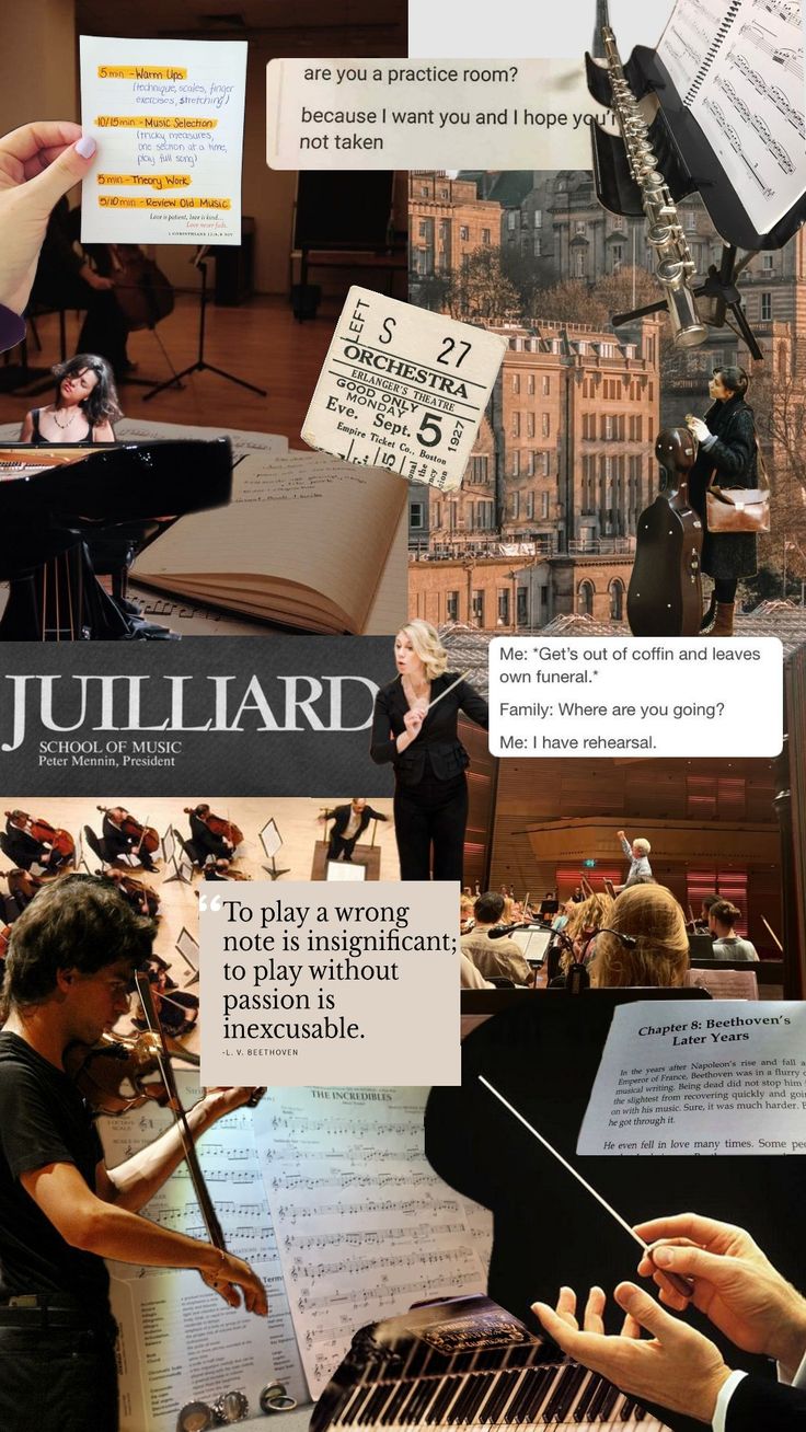 a collage of photos with musical instruments and notes