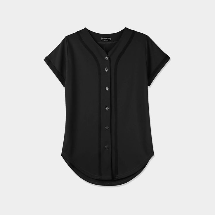 a women's black baseball jersey with buttons on the front and sleeves, in an open