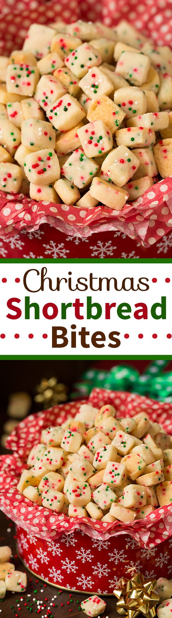 christmas shortbread bites in a red bowl