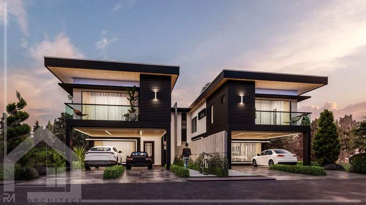 two story houses with cars parked in front of them at dusk or dawn, 3d rendering