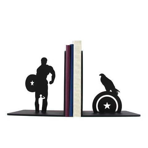 two bookends with captain america silhouettes on them