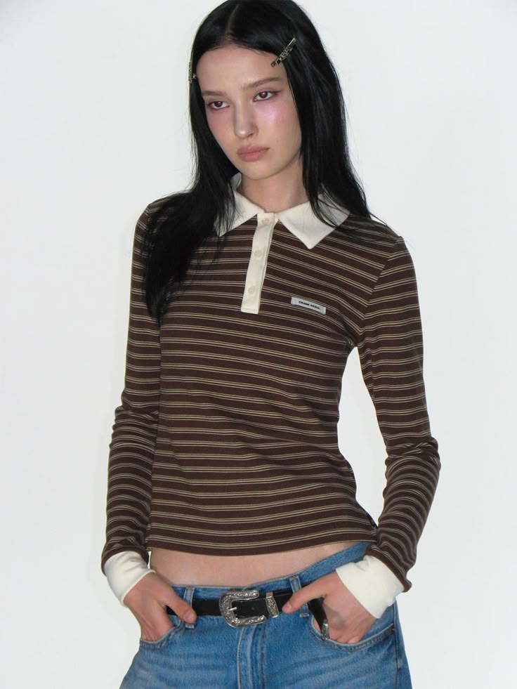 Composition : (1)POLYESTER 93% SPAN 7% (2)POLYESTER 62% RAYON 34% SPAN 4%Color : BROWNCountry of Origin : Republic of Korea Casual Brown Polo Collar Top, Casual Brown Tops With Striped Collar, Fall Top With Striped Collar, Fall Polo Top With Striped Collar, Fall Polo Collar Top With Striped Collar, Fall Polo Collar Tops With Striped Detail, Beige Long Sleeve Tops With Striped Collar, Brown Collared Shirt For Fall, Brown Fall Shirt With Collar