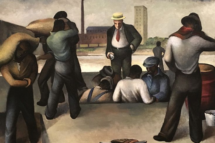 an oil painting of people standing and sitting in front of a man laying on the ground