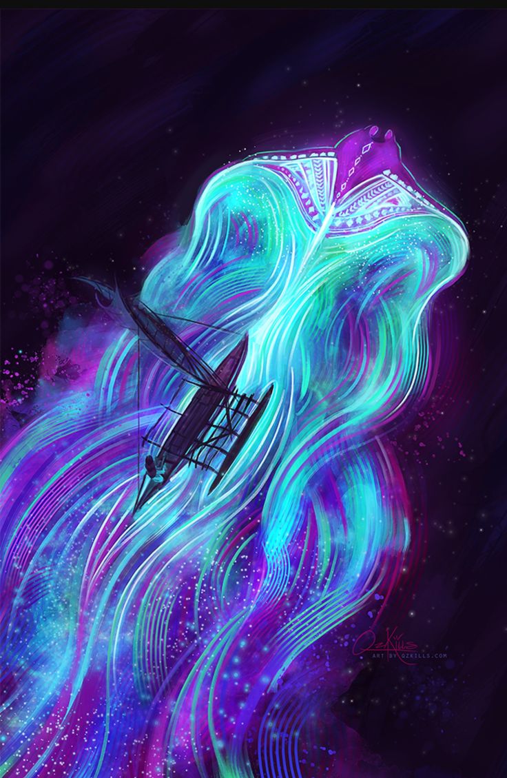 an abstract painting with blue and purple swirls in the air, on a black background