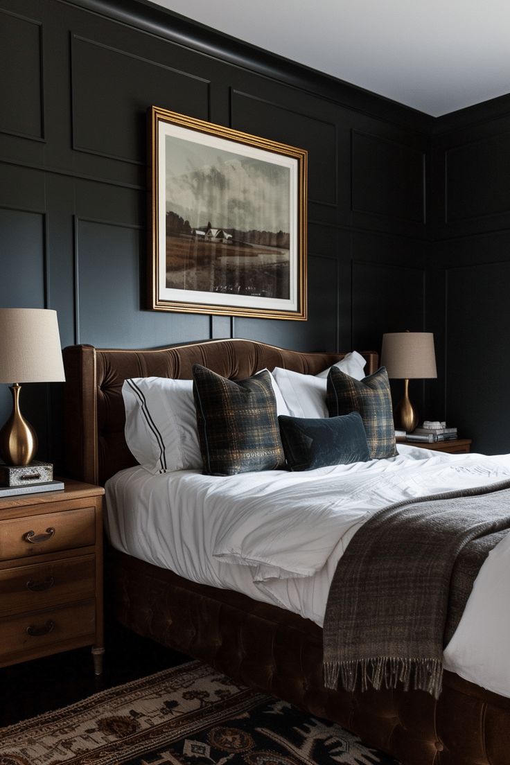 a large bed sitting next to two lamps on either side of each other in a bedroom