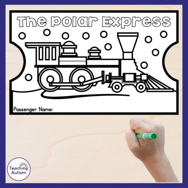 the polar express coloring book is shown with a hand holding a marker and writing on it