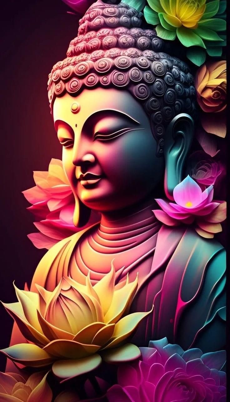 a buddha statue with flowers on it's head and the image is painted in bright colors