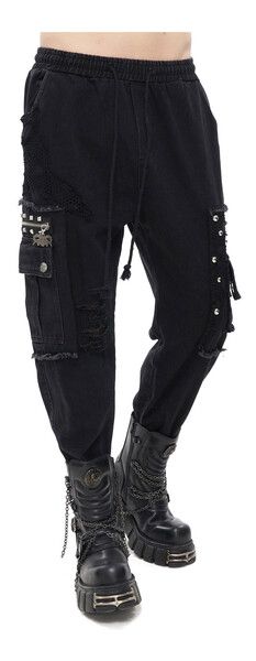 Punk Style Cargo Pants With Pockets For Concert, Edgy Black Festival Jeans, Emo Pants With Pockets For Concert, Emo Style Pants With Pockets For Concert, Black Gothic Jeans For Alternative Fashion, Black Punk Style Jeans For Festivals, Black Punk Jeans For Festival, Black Rock Style Pants For Alternative Fashion, Rock Style Black Bottoms With Pockets